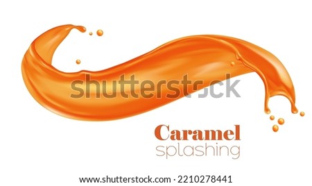 Caramel sauce, syrup swirl wave splash with drops, vector sweet candy and dessert food. 3d realistic flow of liquid caramel or melted toffee, milk and brown sugar candy wavy splash with cream texture