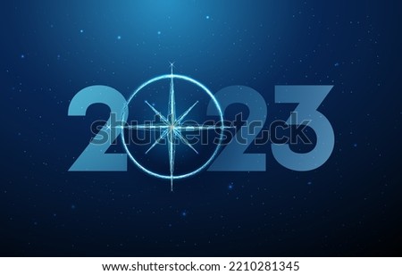Abstract Happy 2023 New Year greeting card with compass. Low poly style design. Abstract geometric background. Wireframe light structure. Modern 3d graphic concept. Isolated vector illustration