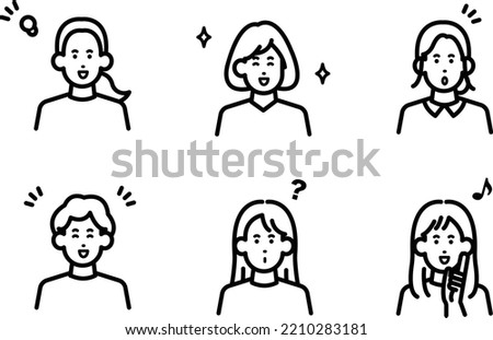 Clip art icon set of positive women, line drawing.