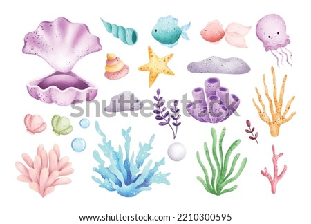 Watercolor Illustration set of Beautiful sea creature