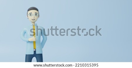 3d rendering. Young male lecturer cartoon character, wearing shirt, showing like thumb up gesture. Educational clip art on a blue background. Education education recommendations