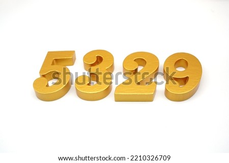    Number 5329 is made of gold-painted teak, 1 centimeter thick, placed on a white background to visualize it in 3D.                               