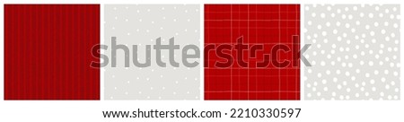 Cozy winter simple print set. Warm red and white plaid, snow spot on soft grey and herringbone seamless pattern collection for Christmas poster background, textile or decorative wrapping paper.  Royalty-Free Stock Photo #2210330597