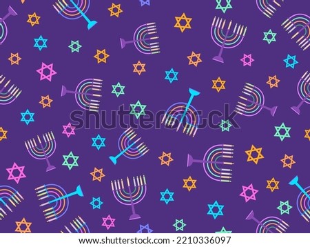 Seamless pattern with menorahs and stars of David. Menorah with nine Hanukkah candles, happy Hanukkah. Design for greeting card, banner and poster. Vector illustration