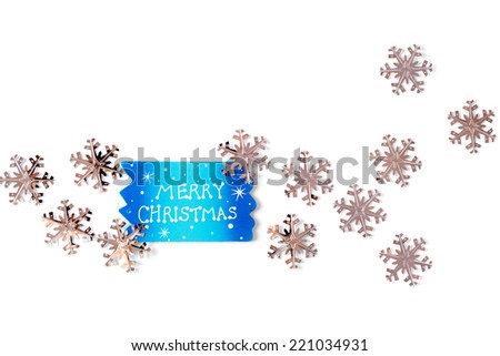 Merry christmas decoration with metallic glowing snowflakes over white background. Xmas greeting card.