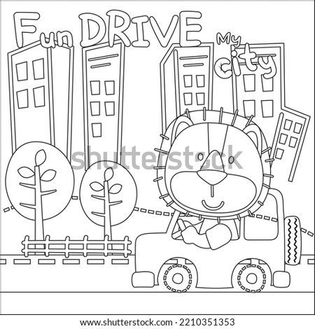 Vector illustration of funy lion driving the white car. Childish design for kids activity colouring book or page.