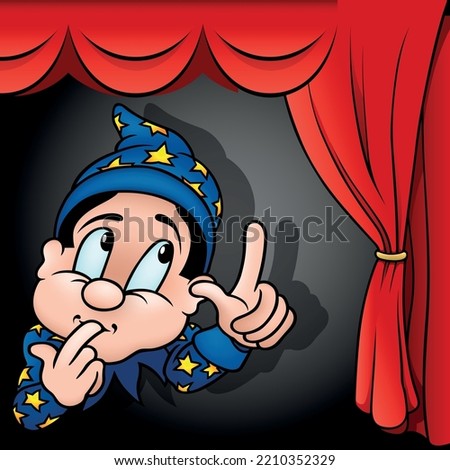 Magician in a Blue Costume with a Finger in his Mouth - Colored Cartoon Illustration with Background, Vector