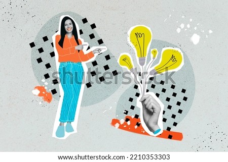 Creative trend collage of millennial lady businesswoman pointing excellent idea electric lamps bulbs isolated drawing background