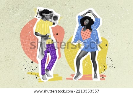 Collage photo of young couple together hold recorder music dancer hipster stylish painted clothes outfit summer chill isolated on drawing background