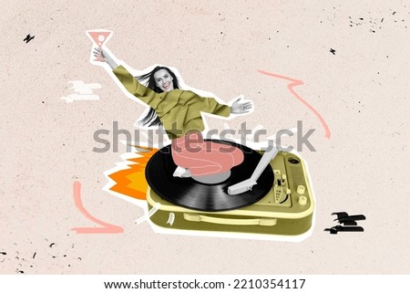 Creative abstract template collage of funny funky young woman riding flying retro vintage vinyl recorder hold cocktail drunk have fun