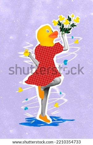 Creative poster collage of cute adorable woman rubber duck head dancing hold bouquet little duckies spring summer vacation