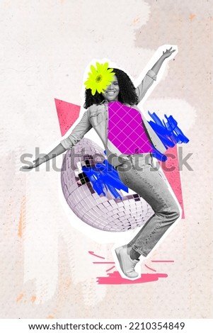 Collage photo of young attractive pretty cute woman wear stylish outfit painted retro jacket coat tiptoe dancing party isolated on drawing background Royalty-Free Stock Photo #2210354849