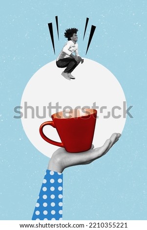 Artwork magazine picture of happy smiling guy jumping inside big huge arm holding coffee cup isolated drawing background