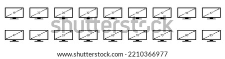 Smart TV vector icon.  Screen size icon. Isolated vector. High quality. Diagonal screen size in 19, 22, 26, 32, 37, 40, 42, 46, 47, 50, 55, 60, 65, 70, 75, 80, 85  inches icons. EPS10 Royalty-Free Stock Photo #2210366977