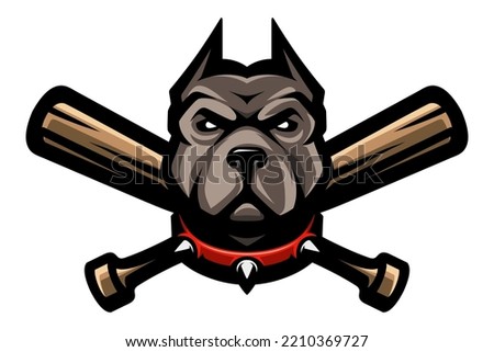 Pit Bull and crossed baseball bats. Fighting dogs symbol, sport mascot. T-shirt print.