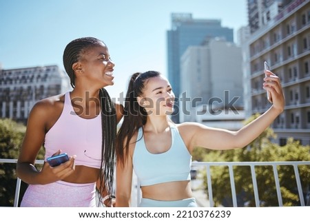Fitness selfie, urban city and women friends or influencer for outdoor workout, motivation and training. Personal trainer or runner couple people taking photo together for social media wellness post