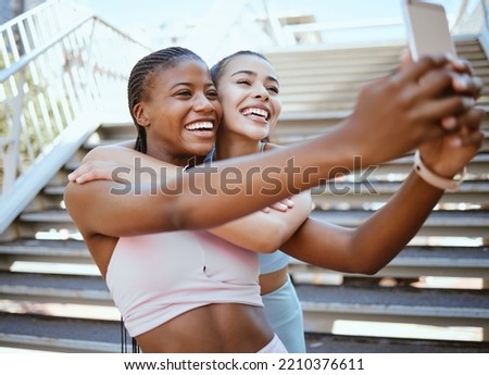 Exercise, friends and selfie on a phone with happy, relax women bonding and laughing during a workout in a city. social media, content creator and girls posing for online livestream on blog after run