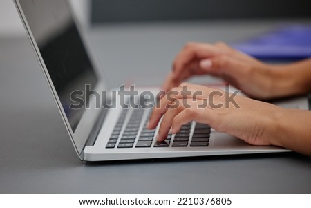 Laptop, computer or hand working, typing on keyboard for planning, schedule and meeting review in office desk. Zoom, hands and strategy analytics for marketing agency, research or SEO KPI data growth