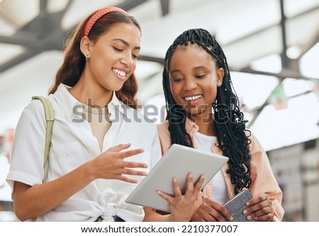 University students, women friends and tablet research learning, studying and education at college. Happy diversity youth reading digital academics website, exam knowledge app online and campus tech Royalty-Free Stock Photo #2210377007