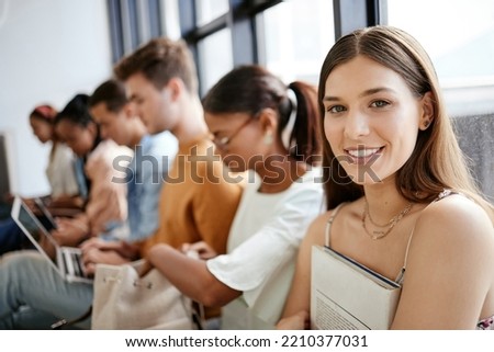 Recruitment, waiting room and students portrait at internship opportunity, HR interview or career application at university, Gen z research scholarship candidate people for Human Resources hiring job Royalty-Free Stock Photo #2210377031