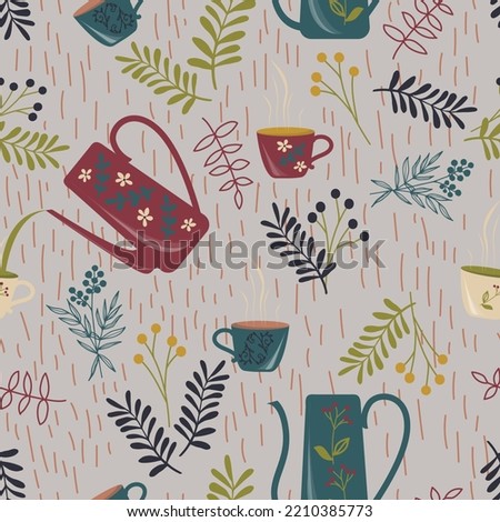 "Autumn tea party" Vector drawing of colorful cups, teapots, berries and leaves on a pale brown background. Seamless pattern.
