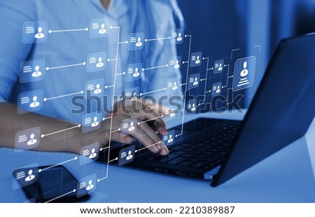 Relations of order or subordination between members. Business hierarchy structure. Business process and workflow automation with flowchart. Virtual screen Mindmap or Organigram. Royalty-Free Stock Photo #2210389887