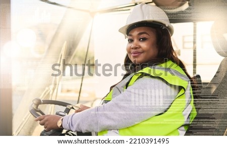 Forklift driver, black woman and logistics worker in industrial shipping yard, manufacturing industry and transport trade. Portrait of cargo female driving a vehicle showing gender equality at work Royalty-Free Stock Photo #2210391495