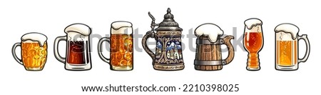 Hand drawn set of beer mugs and glasses. Octoberfest stein. Old wooden mug. Traditional German stein. Dimpled  beer pint. IPA beer glass. India Pale Ale glass. Vector illustration.