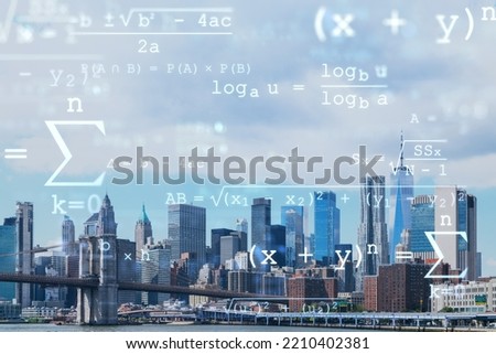 Brooklyn bridge with New York City Manhattan, financial downtown skyline panorama at day time over East River. Technologies and education concept. Academic research, top ranking university, hologram