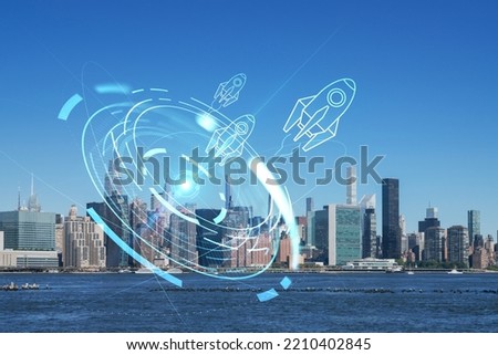 New York City skyline, United Nation headquarters over the East River, Manhattan, Midtown at day time, NYC, USA. Startup company, launch project to seek and develop scalable business model, hologram
