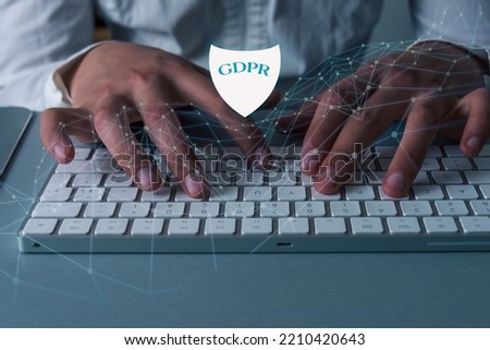hands on computer keyboard with shield ,concept of internet security .g d p h or general data protection regulation . Royalty-Free Stock Photo #2210420643