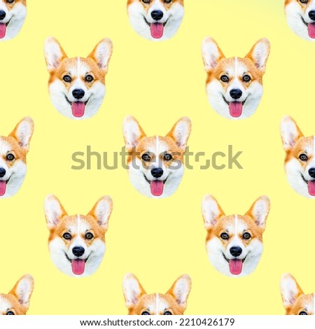 Seamless pattern with the head of a red corgi dog breed on a yellow background. Background concept for wrapping paper and printing.