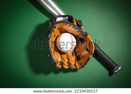Leather glove with baseball and bat on the green background.