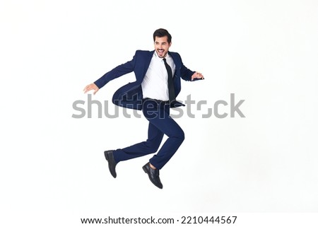 Man business smile with teeth in costume running and jumping flying up open mouth happiness and surprise full-length on white isolated background copy space  Royalty-Free Stock Photo #2210444567