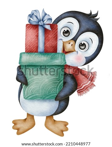 Cute cartoon penguin with gifts in a red scarf. Watercolor illustration isolated on white background. Perfect for the design of children posters, textiles, greeting cards, stickers.

