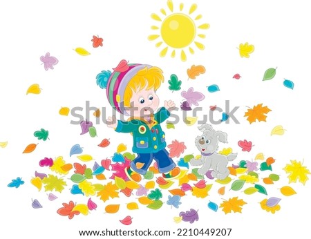Little boy and his merry pup jumping and playing with colorful fallen leaves in a autumn park on a beautiful sunny day, vector cartoon illustration isolated on a white background