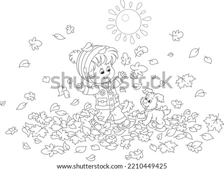 Little boy and his merry pup jumping and playing with fallen leaves in an autumn park on a beautiful sunny day, black and white outline vector cartoon illustration for a coloring book page