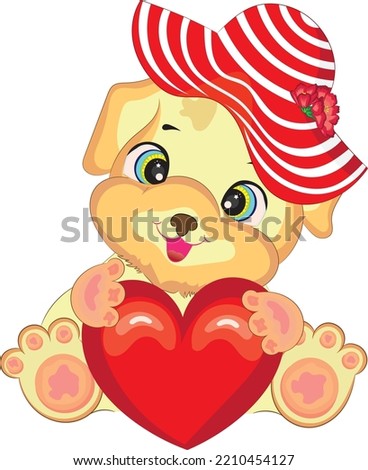 Cute little puppy with a red heart.Cartoon style hand drawn vector illustration.New year, Birthday, Valentine and Anniversary concept.