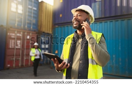 Logistics, shipping and construction worker on the phone with tablet in shipyard. Transportation engineer on smartphone in delivery, freight and international distribution business in container yard Royalty-Free Stock Photo #2210454355