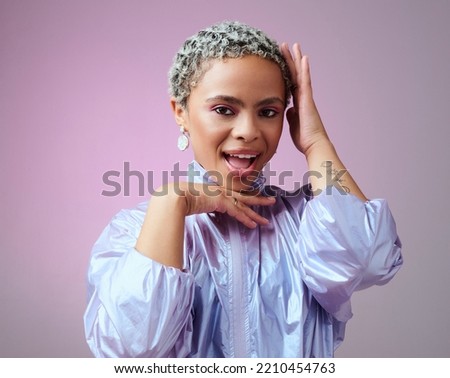 Retro fashion, black woman and happy portrait, unique makeup and neon style on pink studio background. Funky, bold and colorful young gen z girl, influencer and model with techno cyberpunk attitude Royalty-Free Stock Photo #2210454763