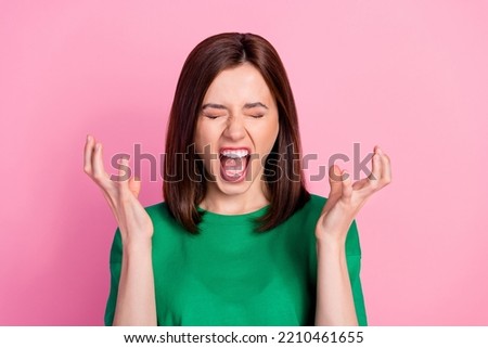 Photo of young funny angry lady screams closed eyes open mouth no menstruation isolated on pink color background Royalty-Free Stock Photo #2210461655