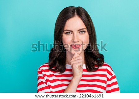 Close up photo of focused lady arm touch face consider interesting surprise gift boyfriend striped outfit isolated on cyan color background
