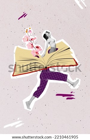 Composite collage picture image of running fast woman legs opened book body spring fresh education flower orchid branch search knowledge