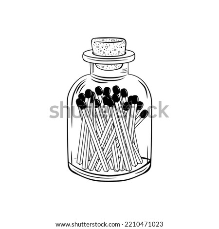 Small glass jar with matches inside. Flat outline vector illustration.