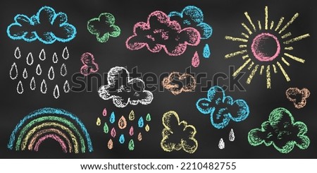 Set of Design Elements Rainbow, Sun, Clouds, Drops of Different Colors Isolated on Chalkboard Backdrop. Realistic Chalk Drawn Sketch of Sky Symbols. Kit of Crayon Drawings of Heavenly Objects.