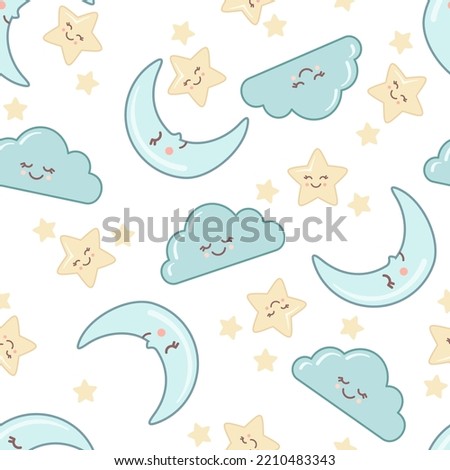 Cute seamless pattern of sky with kawaii faces isolated on white background.