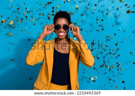 Photo of positive cheerful person hands touch glasses enjoy weekend isolated on blue color background
