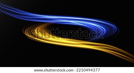 Abstract light lines of movement and speed with blue and yellow sparkles. Light everyday glowing effect. semicircular wave, light trail curve swirl, car headlights, incandescent optical fiber png.
 Royalty-Free Stock Photo #2210494377