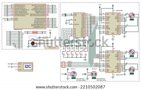 Vector diagram of an electronic device on the Arduino uno.
Connecting external devices to the Arduino board.
Electronic circuit board. Royalty-Free Stock Photo #2210502087