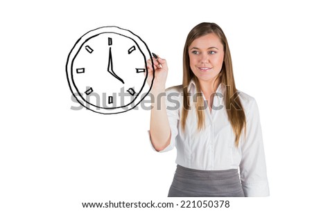 Composite image of business person drawing a clock on white background